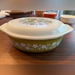 Vintage Pyrex Olive Green and White Floral Dish with lid